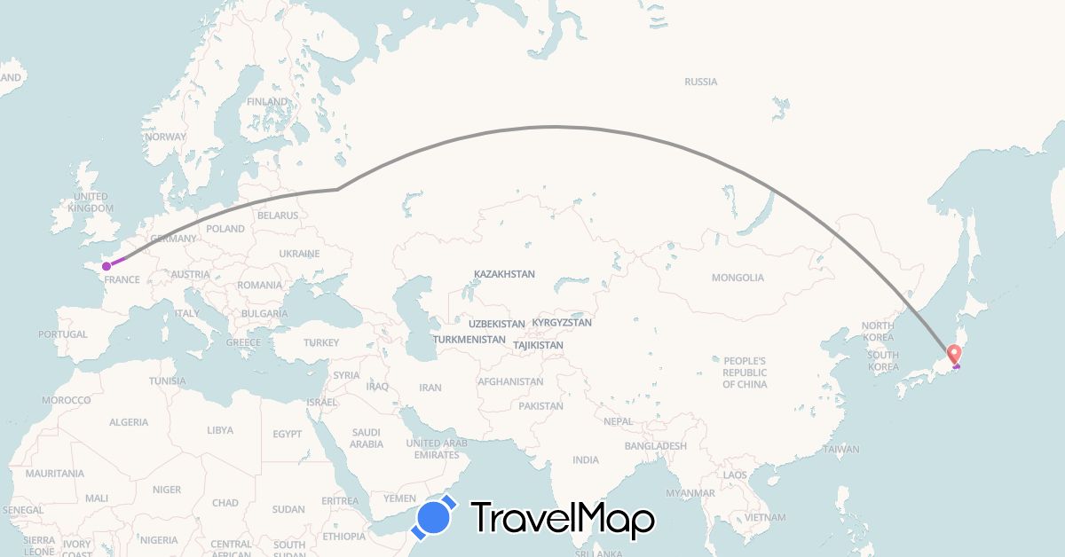 TravelMap itinerary: plane, train, hiking in France, Japan, Russia (Asia, Europe)